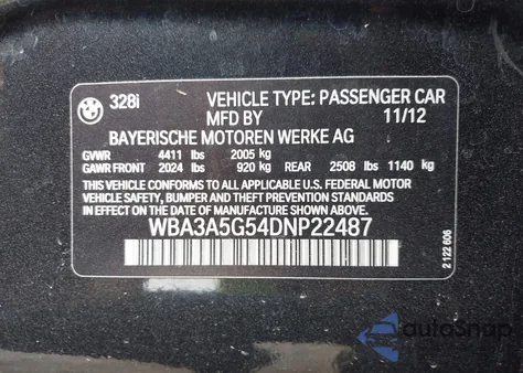 2013 BMW 328I from USA, damaged, VIN WBA3A5G54DNP22487